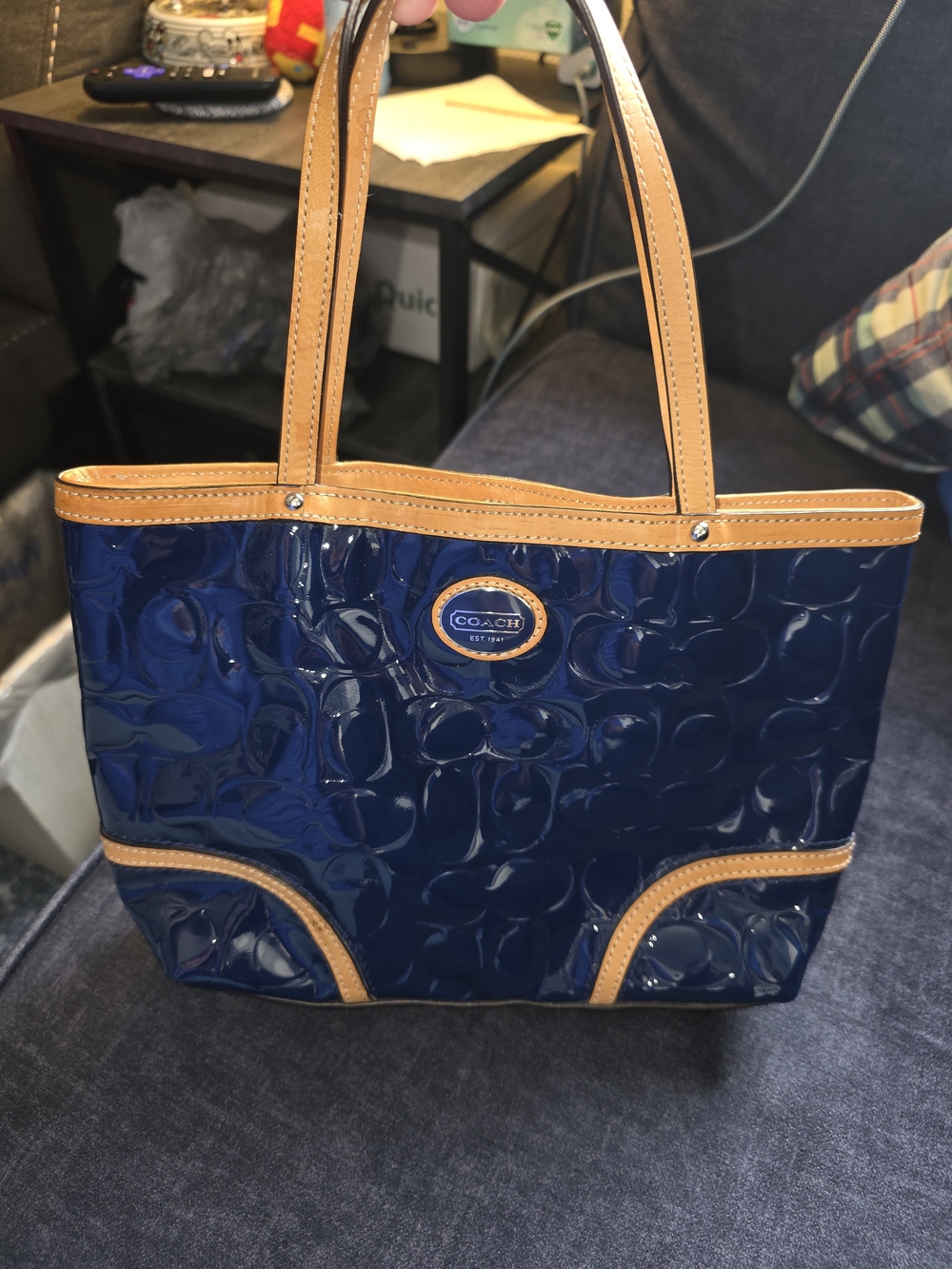 Coach Navy Patent Tote with Tan Leather Trim
